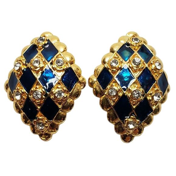 Blue Harlequin Clip On Earrings Rhinestone Enamel Gold Tone Diamond Shape 1980s - Picture 1 of 6